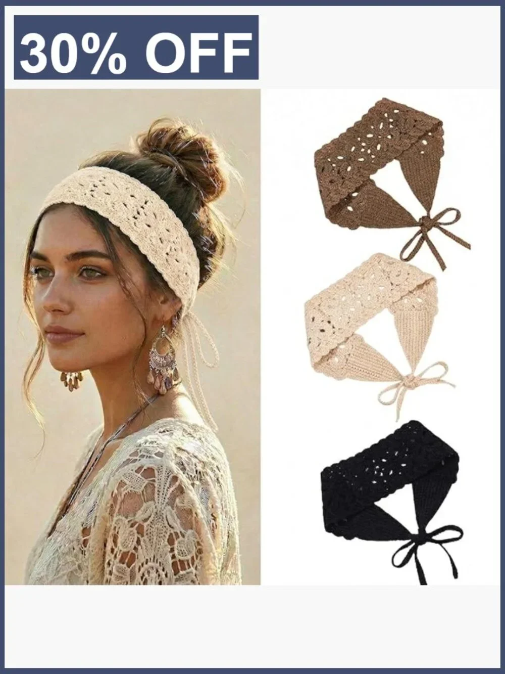 3Pcs Boho Crochet Knit Headband Hair Scarf for Women Head Wrap